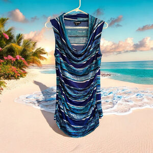 My Michelle Cowl Neck Long Blouse Womens Large BLUE Stretch Sleeveless Lined Top